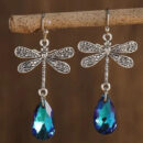 Dark Night Engraved Dragonfly Sapphire Water Drop Pendant Earrings