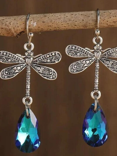 Dark Night Engraved Dragonfly Sapphire Water Drop Pendant Earrings