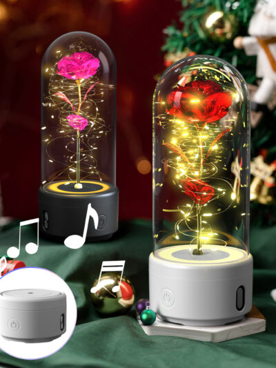 Creative 2 In 1 Rose Flowers LED Light And Bluetooth-compatible Speaker Valentine's Day Gift Rose Luminous Night Light Ornament In Glass Cover