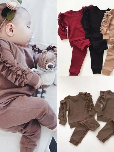 Newborn Baby Boys Girls Ruffles Jumper Solid Long Sleeve Sweatshirt Tops Pants Infant Kids 2Pcs Outfits Clothes Set Fall Clothes