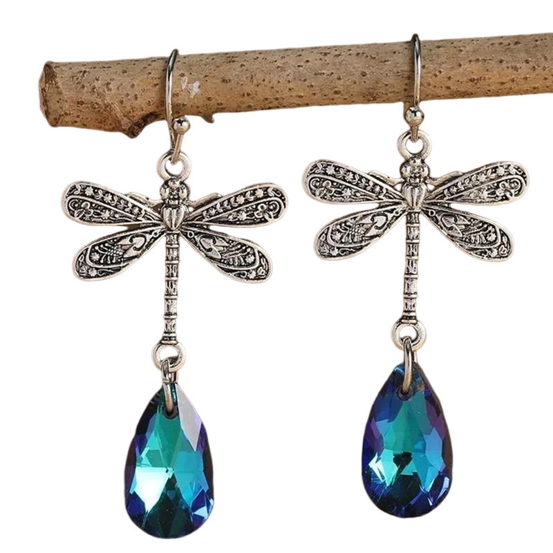 Dark Night Engraved Dragonfly Sapphire Water Drop Pendant Earrings - Image 2